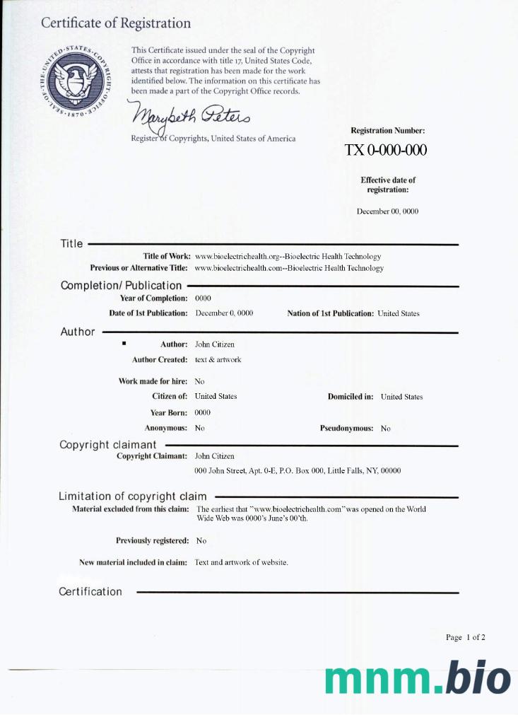 USA copywrite certyfikat of registration PSD sample